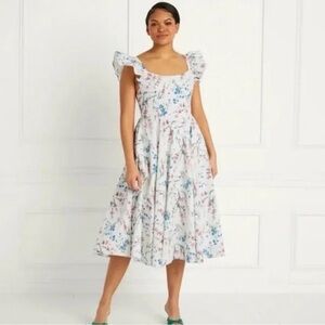 Hill House Home Daphne Dress. White Floral Midi Dress with Ruffle Sleeves